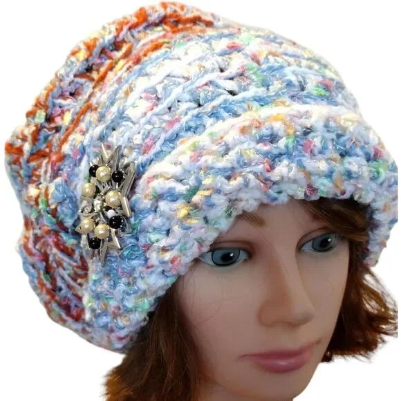 Handmade Crochet Knit Multi-fiber Boho Slouchy Beret Hat